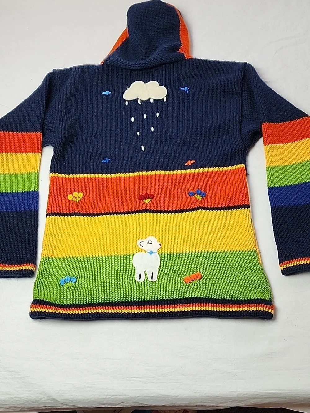 Peruvian Child's Colorful Hand-Knit Hooded Zip Cardigan Animals Rainbow Stripes - Picture 2 of 11